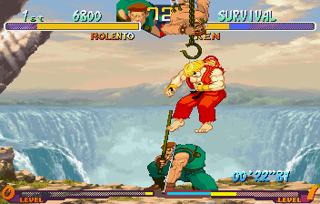 Street Fighter Collection (SEGA Saturn) screenshot: SF2 Alpha Gold: Rolento using a Super Move on Ken in survival mode
