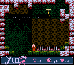Yun (NES) screenshot: Dangerous spikes and a moving platform