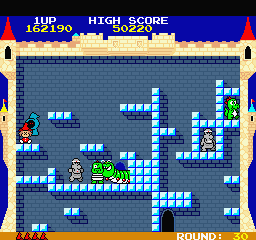 The Fairyland Story (Sharp X68000) screenshot: While I was laughing at the dragon being pulled in by the worm the hooded guy got me