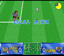 Shijō Saikyō League Serie A: Ace Striker (SNES) screenshot: Goal kick. That's Angelo Peruzzi.