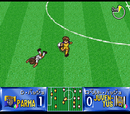 Shijō Saikyō League Serie A: Ace Striker (SNES) screenshot: The two Baggios. Dino Baggio (Parma) and Roberto Baggio (Juventus). Ouch...