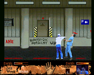 Prawo krwi (Amiga) screenshot: Striking with the elbow in the face doctor