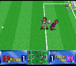 Shijō Saikyō League Serie A: Ace Striker (SNES) screenshot: Francesco Toldo (Fiorentina). The other player is stumbling or so.