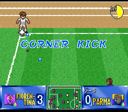 Shijō Saikyō League Serie A: Ace Striker (SNES) screenshot: Corner kick.