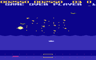 Aquatron (Atari 8-bit) screenshot: Destroyed by interceptor