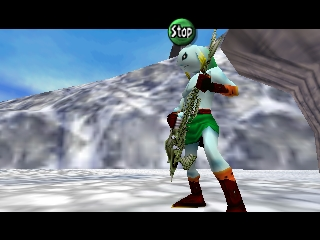 The Legend of Zelda: Majora's Mask (Nintendo 64) screenshot: Zora Link is quite the musician! Dude... quiet the rock band and learn some jazz standards, alright?..