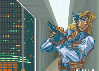 Elevator Action II (Arcade) screenshot: There's a short intro with the game's heroes, here's Kart Bradfield