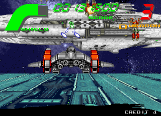 Galactic Storm (Arcade) screenshot: Larger spaceship ahead