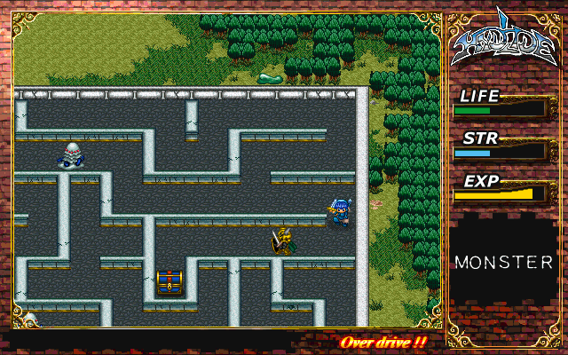 Hydlide (Windows) screenshot: Exclusive to this remake is the Overdrive mode, which makes Jim stronger and has him gain much more EXP with each defeated enemy.