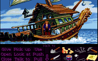 Monkey Island 2: LeChuck's Revenge (Amiga) screenshot: On Captain Dread's ship. (Monkey Island 2 Lite Mode)