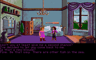 Monkey Island 2: LeChuck's Revenge (Amiga) screenshot: Guybrush meets with Elaine Marley. (Monkey Island 2 Lite Mode)