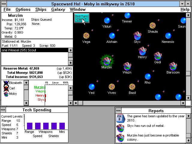 Spaceward Ho! (Windows 16-bit) screenshot: Later in the game