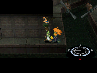 Xenogears (PlayStation) screenshot: No RPG is complete without a sewer dungeon! Fei here is jumping - maybe he likes the fact the fearsome mutant Rico has joined us?