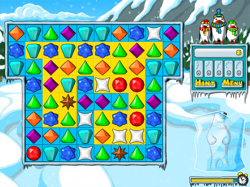 Ice Puzzle Deluxe (Windows) screenshot: Same groups of crystals disappeared and replaced by other crystals and the yellow tiles disappeared