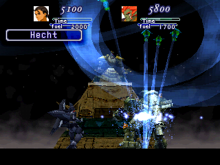 Xenogears (PlayStation) screenshot: Spectacular gear boss battle. The boss shoots at us from above