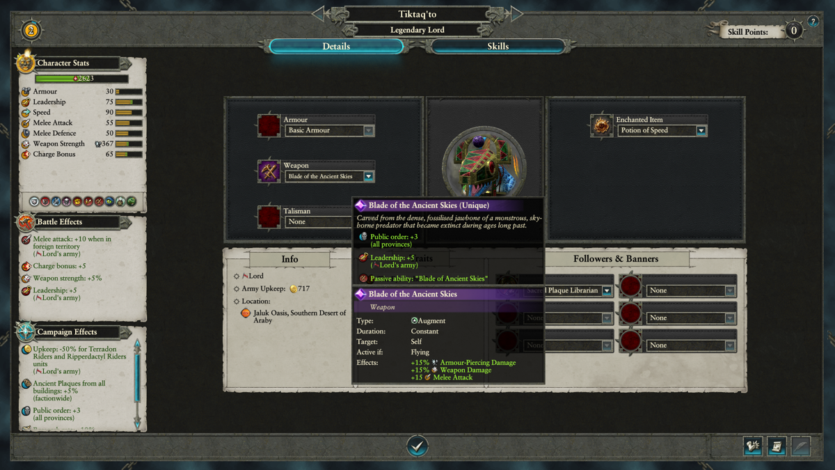 Total War: Warhammer II - Tiktaq'to (Windows) screenshot: His rep sheet, showing one of his legendary items