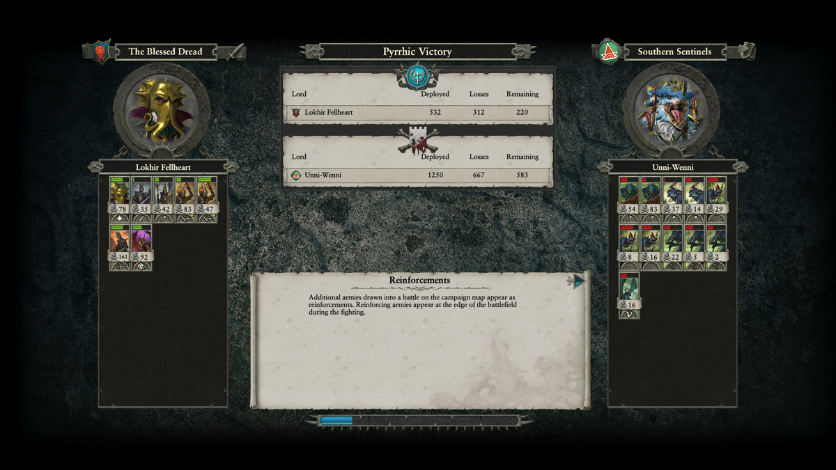 Total War: Warhammer II - Lokhir Fellheart (Windows) screenshot: The battle results, a pyrrhic victory, but I won