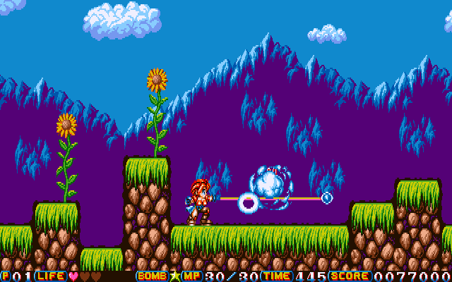 Totsugeki! Mix (PC-98) screenshot: The redhead uses a long-range yo-yo.