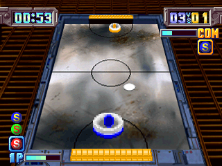 Air Hockey (PlayStation) screenshot: Stage 2. I'm a giant (for a while).