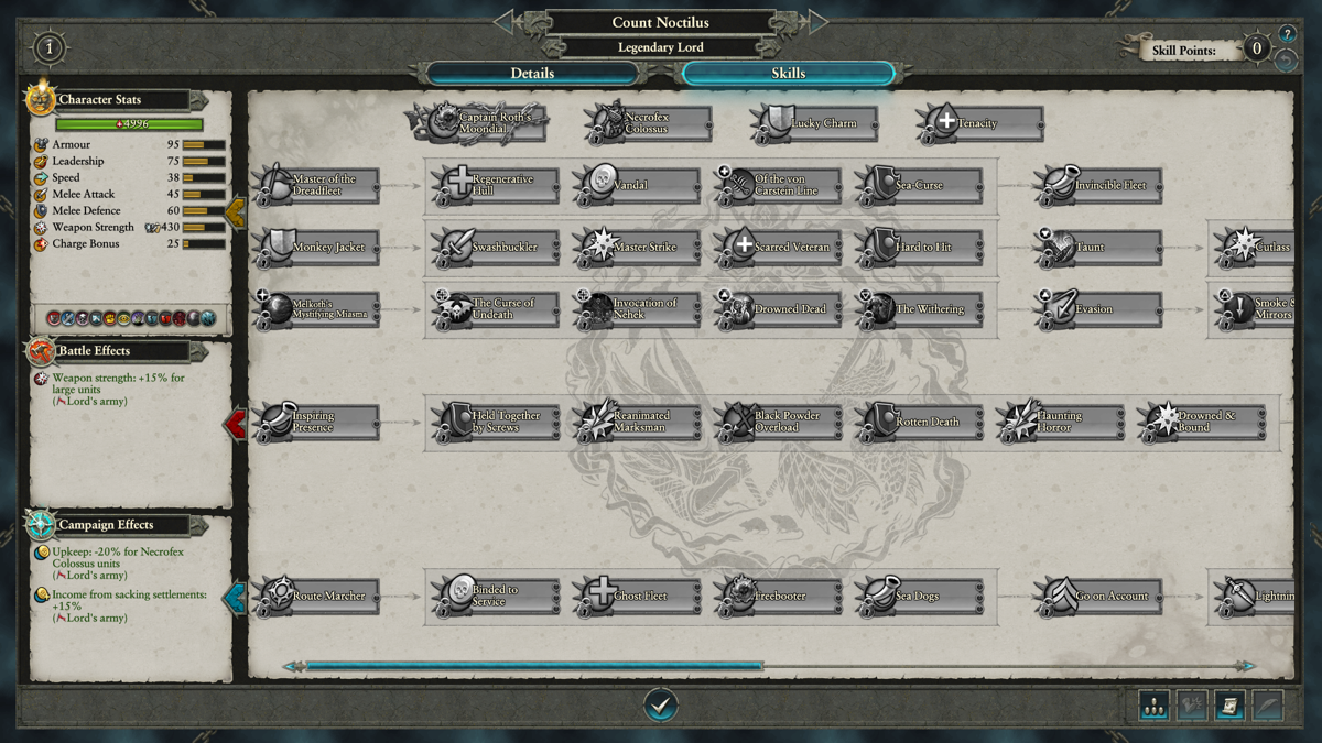 Total War: Warhammer II - Curse of the Vampire Coast (Windows) screenshot: Count Noctilus' skills