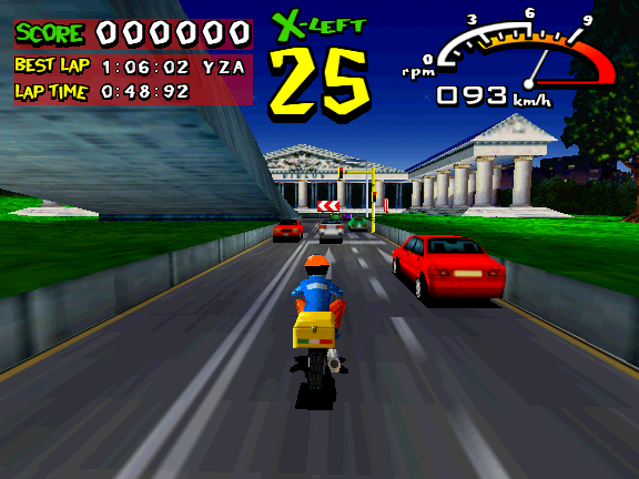 Radikal Bikers (Arcade) screenshot: Approaching a hair-pin.