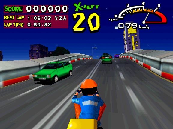 Radikal Bikers (Arcade) screenshot: Cross the bridge.