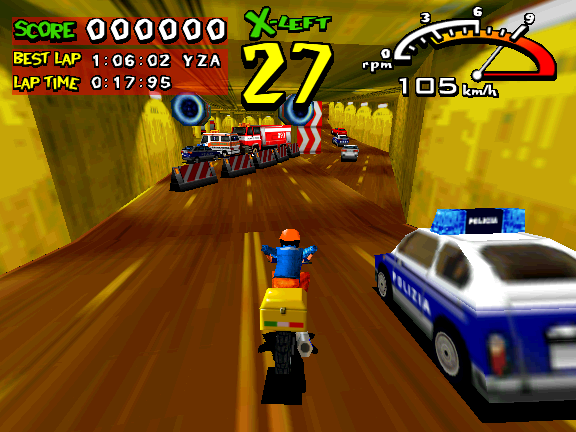 Radikal Bikers (Arcade) screenshot: Pass the Police car.