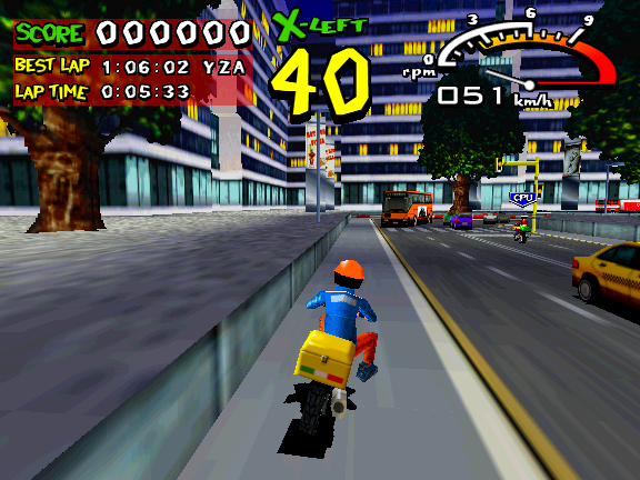 Radikal Bikers (Arcade) screenshot: Off to deliver pizza.