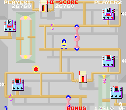 Wily Tower (Arcade) screenshot: That giant pink thing is going to eat you if you stand in its way