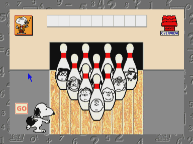 Yearn2Learn: Peanuts (CD-i) screenshot: Math game: unfortunately, there's no actual bowling here, just have to say how many pins have been cleared..