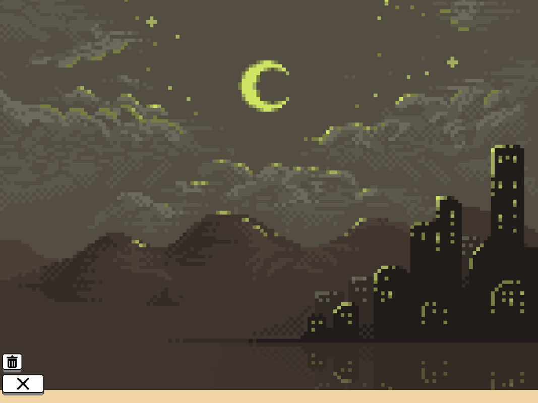 Coloring Pixels (Windows) screenshot: A night scenery with a rather modest palette and quite much dithering. Advice: it's probably best to paint such areas all over with one color and then correct with the other.