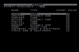 TAC: Tactical Armor Command (Atari 8-bit) screenshot: German Purchase Phase