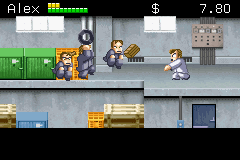 River City Ransom (Game Boy Advance) screenshot: Fighting in the WSL & Co. Warehouse.