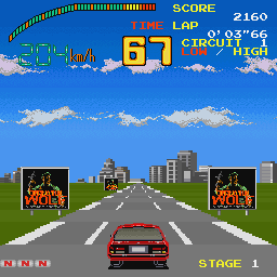 Top Speed (Sharp X68000) screenshot: Stage 1, on the sides of the road there's billboards for Operation Wolf (another Taito game)