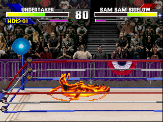 WWF WrestleMania (PlayStation) screenshot: Some flaming flying attack