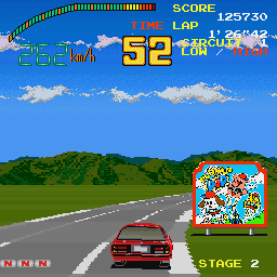 Top Speed (Sharp X68000) screenshot: Another billboard, this one is for Plump Pop. The scaling in this version is nowhere near as good as in the arcade original so you can't really read it