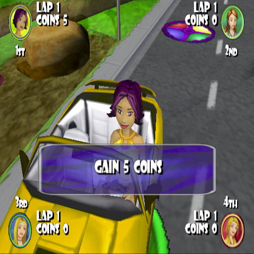 Mary-Kate and Ashley: Sweet 16 - Licensed to Drive (PlayStation 2) screenshot: landing on some tokens gives the player coins that they can use for shopping
