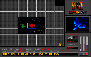 Space Conflict (DOS) screenshot: The damaged fighter gets a reduced scan range.