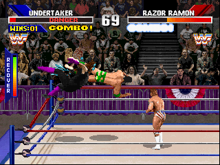 WWF WrestleMania (PlayStation) screenshot: Another flying attack