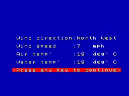 Surfchamp (ZX Spectrum) screenshot: Weather Conditions