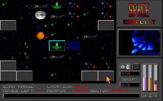 Space Conflict (DOS) screenshot: These orange worlds are trading planets: time to haggle!