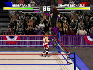 WWF WrestleMania (PlayStation) screenshot: Wrestlers can climb on the turnbuckles