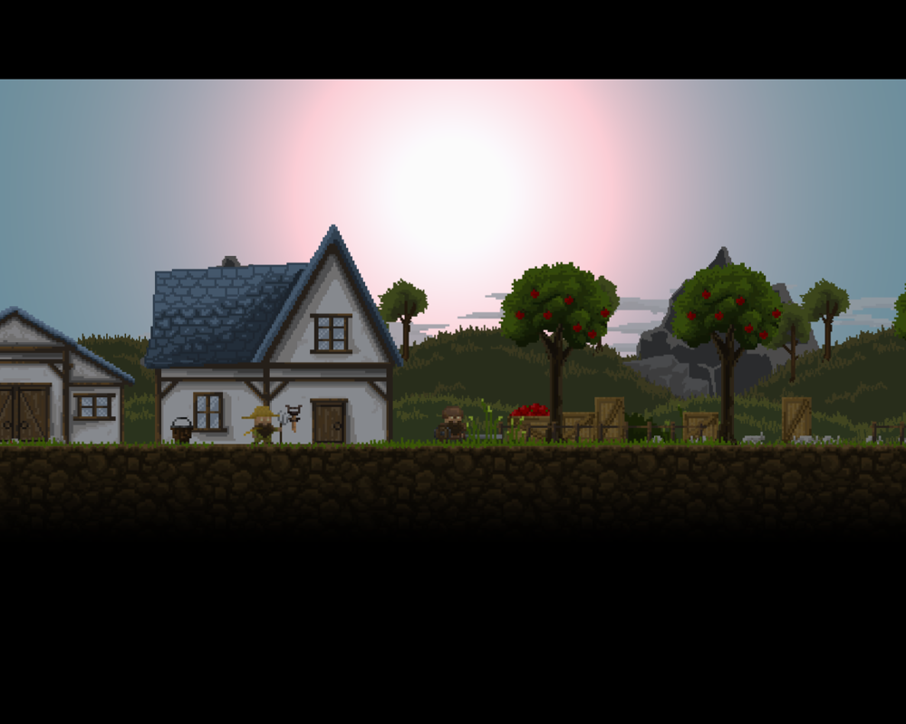 Regions of Ruin (Windows) screenshot: A farm at dusk.