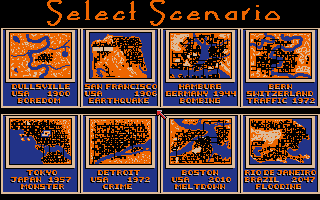SimCity (Amiga) screenshot: Select a scenario to play. (1 Meg 64 color version)