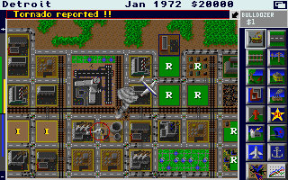 SimCity (Amiga) screenshot: Tornado reported! (1 Meg 64 color version)
