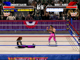 WWF WrestleMania (PlayStation) screenshot: Classic Undertaker getting up pose