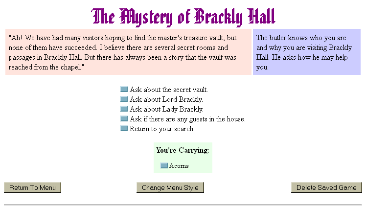 The Mystery of Brackly Hall (Browser) screenshot: Talking to the butler