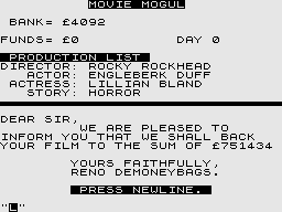ZX Compendium (ZX81) screenshot: Movie Mogul
