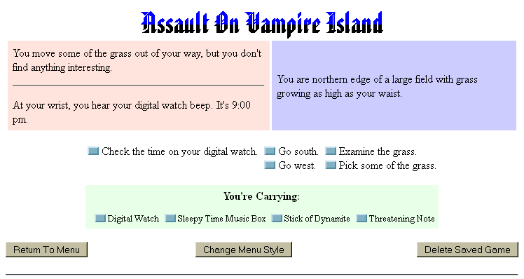 Assault On Vampire Island (Browser) screenshot: Time keeps on ticking with every action you take, so don't dawdle