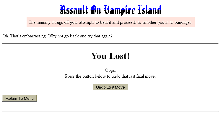 Assault On Vampire Island (Browser) screenshot: Game over